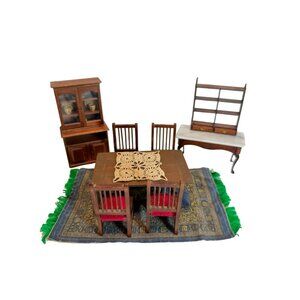Vtg Dollhouse 1:12 Wood Dining Room Table Chairs China Hutch Shelf Buffet Rug